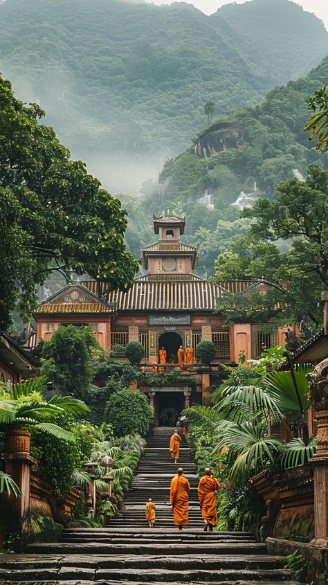 "Monks Ascending Stairs: #Buddhist monks in #orange robes #walking up the stone stairs towards a traditional #zen temple in misty #mountains. #photography #artwork ⬇️ Download and 📝 Prompt 👉 https://stockcake.com/i/monks-ascending-stairs_412392_406352". Monk Meditation, Zen Temple, Buddhist Monks, Angkor Wat Temple, Misty Mountains, Stone Stairs, Stone Pathway, Photography Artwork, Mountains Photography