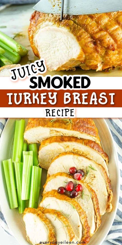 Turkey breast cooked and served with celery and cranberries with Pinterest overlay. Smoked Turkey Breast Roast, Smoked Butterball Turkey Breast, Smoked Turkey Breast Boneless, Smoked Turkey Breast Recipes, Smoked Boneless Turkey Breast, Smoked Turkey Breast Recipe, Precooked Turkey, Grilled Dinner Recipes, Butterball Turkey