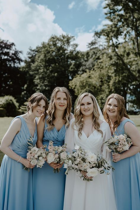 Bride and bridesmaids with pale blue dresses and blush and pale blue natural style wedding bouquets May Wedding Flowers, Spring Wedding Flowers Bouquet, Tortworth Court, Flowers Bouquet Ideas, Whimsical Wedding Flowers, Whimsical Bouquet, Wedding Peony, Natural Wedding Flowers, Pale Blue Wedding