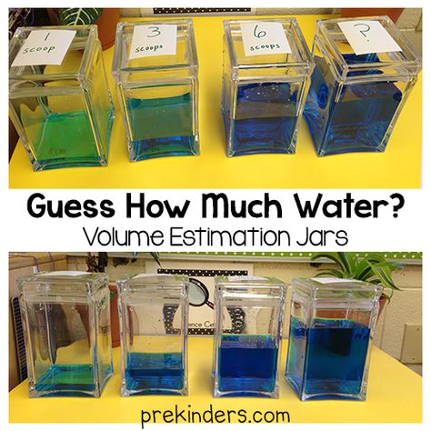 "Guess How Much Water?" Estimation Jars (from PreKinders) Capacity Activities, Estimation Activities, Maths Eyfs, Family Math Night, Measurement Kindergarten, Early Years Maths, Math Night, Measurement Activities, Gain Knowledge