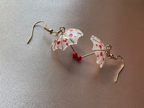 Rainy Day Weather, Umbrella Earrings, Cute Umbrella, Cute Umbrellas, Novelty Earrings, White Umbrella, Gold Hooks, Quirky Earrings, Asymmetrical Earrings