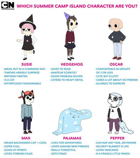 Summer Camp Island character chart. Susie, Hedgehog, Oscar, Max, Pajamas, Pepper Character Chart, Summer Camp Island, Island Party, Tag Yourself, Cartoon Network Shows, Blue’s Clues, Summer Cap, Summer Pajamas, Hello Kitty Iphone Wallpaper