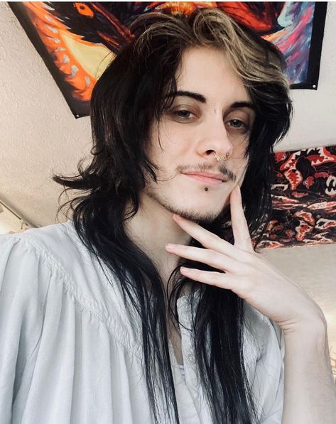 Transmasc Facial Hair, Masculine Long Haircut, Long Transmasc Haircut, Masc Long Hair Styles, Alt Hairstyles Men, Long Masc Hair, Masc Long Hair, Masc Hairstyles, Men With Facial Hair