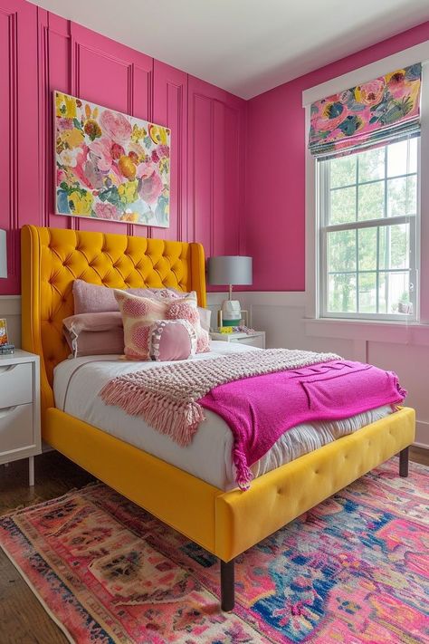 Bright Colored Girls Bedroom, Bright Colorful Bedroom Ideas, Fun Girls Bedroom Ideas, Bright Teen Bedroom, Bright Pink Girls Bedroom, Bright Pink Bedroom Ideas, Bright Girls Bedroom, Colorful Girls Room, Bright Bedroom Colors