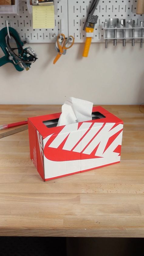 kevinconcepts on Instagram: Earth Day is coming up so I wanted to show you how I upcycle a shoe box and create a tissue box cover. You don’t need a laser to cut the… Diy Tissue Box Cover, Shoe Box Diy, Basketball Room, Tissue Box Cover, Shoe Covers, Adidas Gazelle Sneaker, Diy Box, Tissue Box Covers, Tissue Box