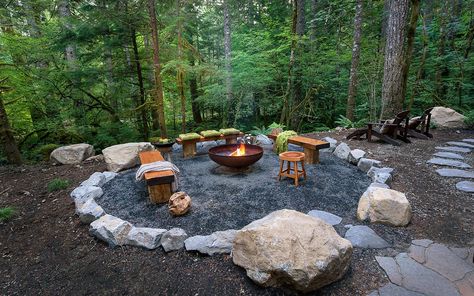 Rhododendron Landscape Tennessee Backyard Ideas, Wooded Backyard Landscape, Rustic Fire Pit, Natural Fire Pit, Outdoor Fire Pit Seating, Outdoor Fire Pit Area, Outside Fire Pits, Fire Pit Ideas, Rustic Fire Pits