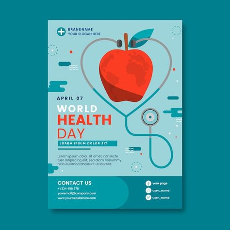 Flat world health day vertical poster te... | Free Vector #Freepik #freevector #flat-poster #health-day #world-health #international-day Health Graphic Design, Health Day Poster, Psa Poster, Flat World, Poster Template Free, Health Fair, World Health Day, Health Day, Vertical Poster