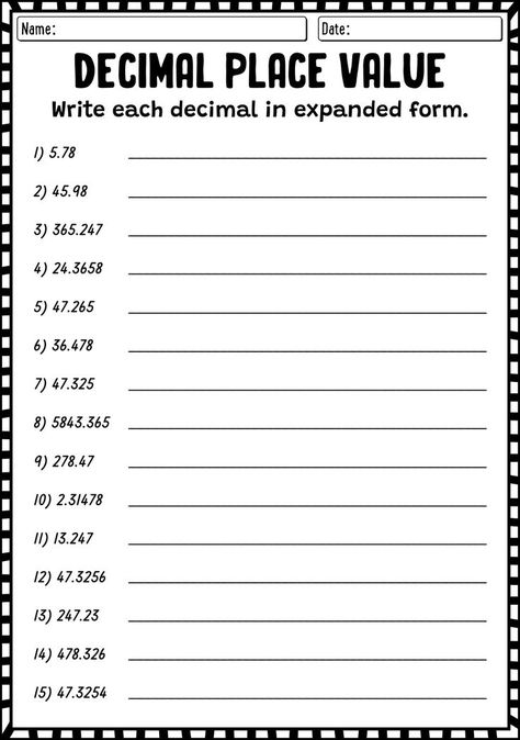 Improve your understanding of decimal place value with these comprehensive expanded form worksheets. Strengthen your math skills and grasp the concept of decimal values effortlessly. Start practicing now and elevate your confidence in handling decimal place value. #mathworksheets #placvalue #expandedform #decimalplacevalue Decimal Place Value Worksheet, Decimal Numbers Worksheet, Decimal Expanded Form, Place Value Expanded Form, Expanded Form Worksheets, Decimal Place Value, Decimal Numbers, Place Value With Decimals, 5th Grade Worksheets