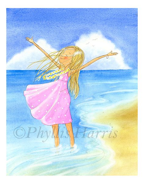 Happy Place Drawing, Place Drawing, Beach In Hawaii, Bible Drawing, Flower Lei, Whimsical Paintings, Unity Stamps, Childrens Wall Art, Girls Wall Art