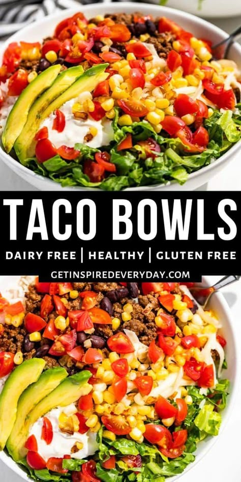 Easy to make, these Taco Bowls with American-style flavors can customized for endless combinations. They're a simple weeknight kind of recipe that the whole family will love. But you can also add more fun toppings and make a taco bar for entertaining! They're naturally gluten-free with dairy-free and paleo options as well. Dairy Free Tacos, Gluten Free Mexican Recipes, Gluten Free Dairy Free Dinner, Taco Bowl Recipe, Gluten Free Tacos, Sweet Potato Bowls, Taco Bowl, Dinner Choices, Mexican Dinner Recipes