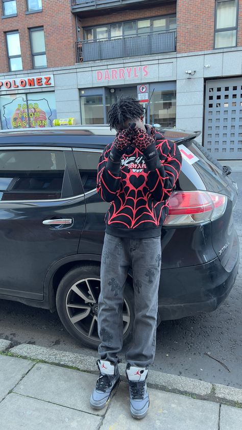 Outfit details: Love4all black and red hoodie, love4all black and red gloves, grey gallery dept jeans, off white jordan 5 muslin, short black dreads. Jordan 4 Grey Outfit, Gallery Dept Jeans, Black Dreads, Black And Red Hoodie, White Jordans, Red Gloves, Gallery Dept, Grey Outfit, X Trail