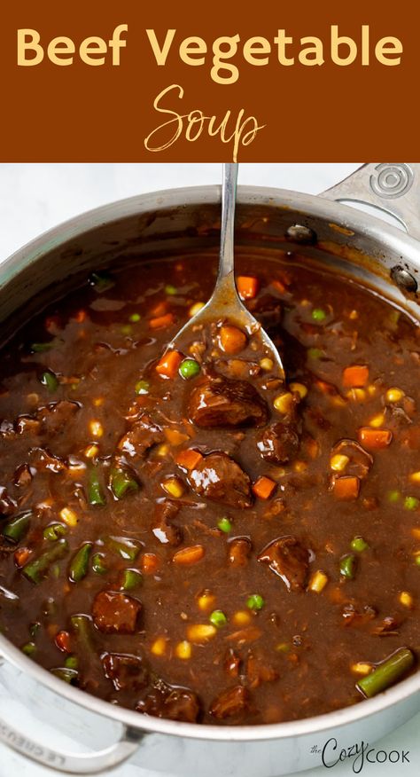 beef vegetable soup made in a silver pot with a silver spoon Veggie Beef Soup With Noodles, Group Beef Soup, Crockpot Vegetable Soup Beef, 7 Can Vegetable Beef Soup, Cozy Soups Comfort Foods, Beef Tips Soup, Homemade Beef Vegetable Soup, Vegetable Beef Soup Recipes, Veg Beef Soup