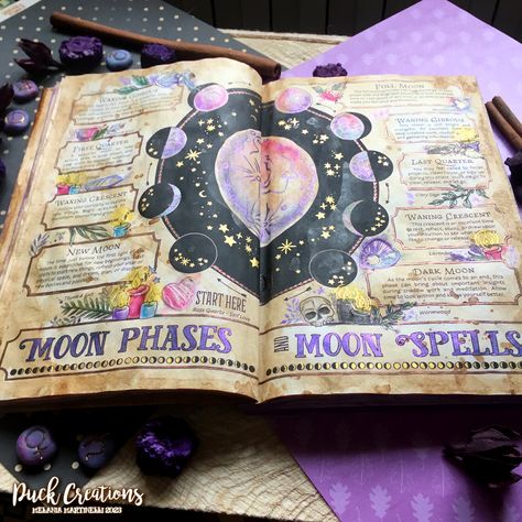 Book Of Shadows Aesthetic, Amy Cesari, Moon Phase Art, Fantasy Journal, Metallic Watercolors, Witchy Cottagecore, Fantasy Map Making, Moon Phases Art, Witch Rituals