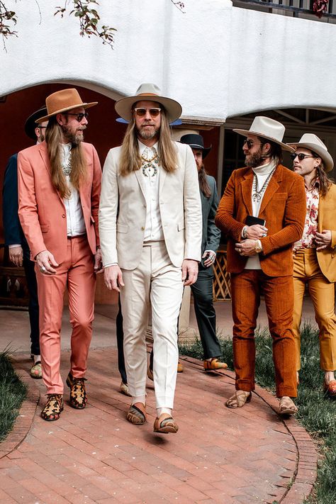 Grooms Boho Wedding Attire, Hipster Cowboy Wedding, Boho Chic Mens Fashion, Bohemian Wedding Groomsmen, Boho Wedding Groom Outfit, 70s Wedding Outfit Men, Interesting Groom Attire, Boho Chic Wedding Outfit Guest Men, Mens Non Traditional Wedding Attire