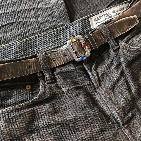 Kapital Disco Buckle Belt. (made in japan, kountry, blue hands, indigo, century denim, indigo, sashiko) Kapital Century Denim, Kapital Clothing Japan, Kapital Kountry, Kapital Denim, Pancho And Lefty, Apparel Design Inspiration, Street Style Outfits Men, Stylish Mens Outfits, Vintage Belts