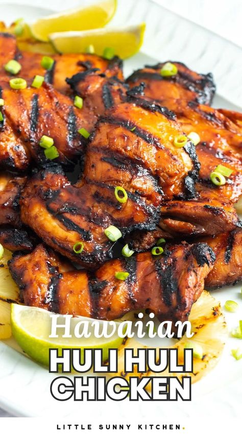 Huli Huli Chicken is the most flavorful grilled Hawaiian chicken recipe! This chicken is juicy, sweet, savory, spicy, and so easy to make! Hulk Huli Chicken, Hawaiian Chicken Thigh Recipes, Polynesian Chicken Recipes, Healthy Hawaiian Recipes, Hulu Huli Chicken Recipe, Hawaiian Bros Huli Huli Chicken Recipe, Hulu Huli Chicken, Hawaiian Chicken Crockpot Recipes, Tiki Chicken