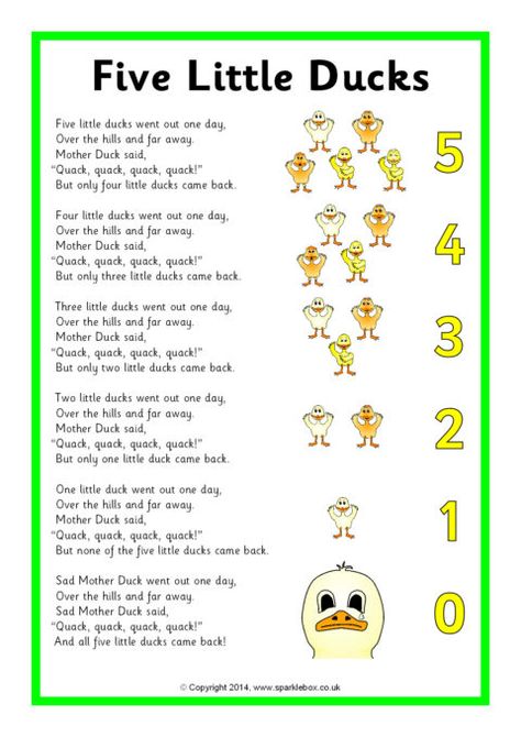 Five Little Ducks Song Sheet (SB10843) - SparkleBox 5 Little Ducks Craft, Duck Songs For Preschool, Pond Songs Preschool, The Duck Song, Duck Learning Activities, Five Little Ducks, 5 Little Ducks, 5 Little Ducks Activities, Five Little Ducks Activities