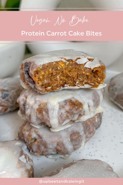 Carrot Cake Protein Bar, Vegan Protein Baked Goods, Vegan Protein Baking, Protein Baked Goods, Protein Carrot Cake, No Bake Carrot Cake, Cake Bites Recipe, Carrot Cake Bites, Chocolate Protein Bites