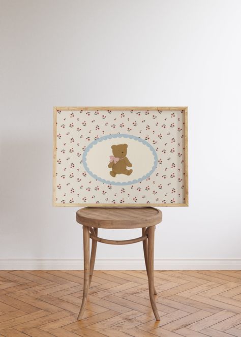 This Listing is for a Cute Teddy Bear Wall Art Printable. With a scallop edge and pastel blue and pink floral background, it has a perfect vintage feel! Perfect for a girl's room, playroom, or nursery! I have a lot of similar and complimentary pieces including a Gallery Wall Art Set, so please check out my shop if you want to get more and save! PLEASE NOTE, THIS IS A DIGITAL DOWNLOAD ONLY. No physical product will be shipped. All files are available immediately after purchase for download. You will receive a PDF with a download link. Just download, print, and frame! Once your payment is confirmed, Etsy will email you a link to download your order and also make your PDF with the link to download available in your account order history. WHAT YOU WILL RECEIVE: One high-resolution Poster in .j Pink Teddy Bear Nursery, Teddy Bear Nursery Theme, Nursery Cottagecore, Bear Nursery Theme, Art Vintage Aesthetic, Teddy Bear Wall Art, Aesthetic Nursery, Teddy Bear Wall, Bear Nursery Art