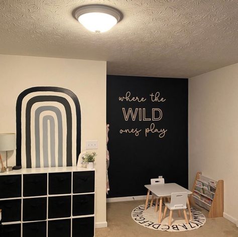 Black Playroom Ideas, Black And White Playroom, Where The Wild Ones Play, Gray Playroom, Small Playroom, Jungle Decor, White Bohemian, Word Signs, Kids Signs