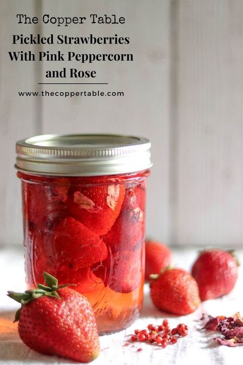 jar of pickled strawberries with next to fresh strawberries Pickled Strawberries, Basic Brine, Strawberry Vinegar, Pickled Fruit, Bacon Jam Recipe, Flavored Vinegars, Native Foods, Pink Peppercorn, Spice Shop