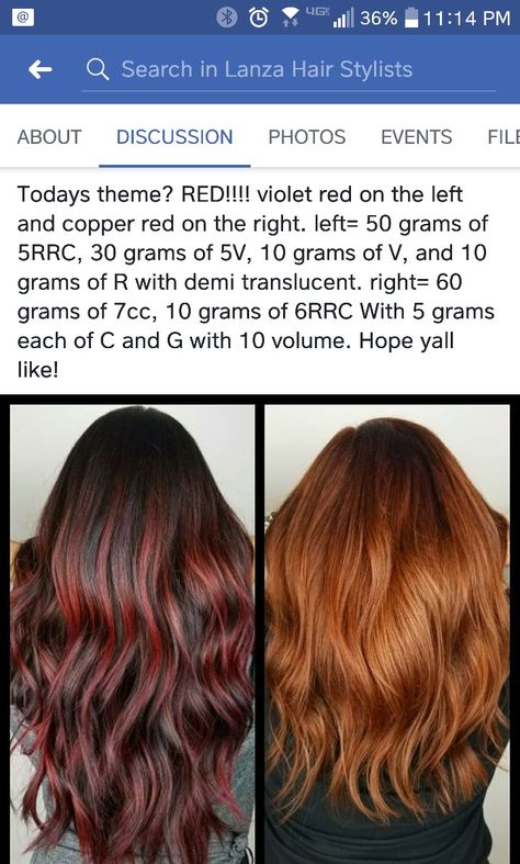 Lanza Red Formulas, Aveda Light Copper Formula, Lanza Color Formulas, Lanza Hair Color Formulas, Lanza Formulas, Red Dip Dye Hair, Lanza Hair Color, Aveda Formulas, Beautiful Hair Dye