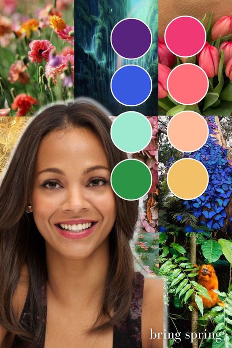 Bright Spring colour palette - bright, warm and dark - featuring Zoe Saldana. #colourseasons #zoesaldana #colouranalysis #colourtheory #brightspring #warmundertone #brightcolours Bright Spring Clothes, Clear Spring Palette, Spring Colour Palette, Body And Style, Ellie Jean, Deep Autumn Color Palette, Colour Season, Spring Images, Clear Spring