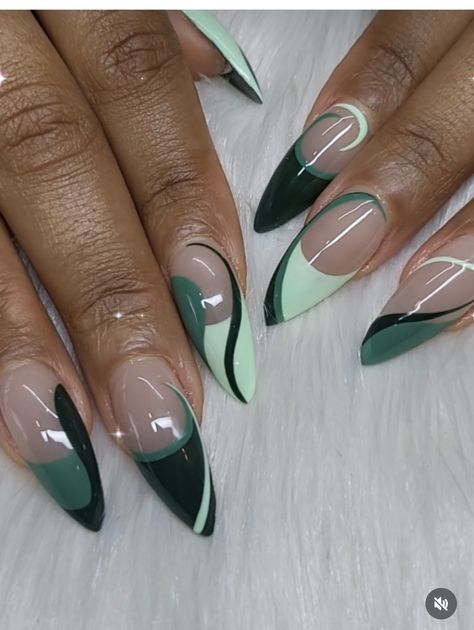 Monstera Plant Nail Art, Elegant Spring Nails 2024, Green And Silver Nails Ideas, Almond Nails Trendy French Tip, Funky French Tip Nails Almond, Green And Nude Nail Designs, Pointed Acrylic Nail Designs, White And Green French Tip Nails, Green Almond Nail Designs