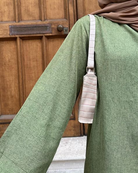 The sage linen closed abaya 🍃 Will be restocking in preparation of Ramadan! . . . . . . . #abaya #modesty #muslimfashion #hijab #muslima #ramadancomingsoon #khimar Green Abaya, Ramadan Abaya, Linen Abaya, Closed Abaya, Casual Abaya, Abaya Outfit, Linen Summer, January 22, Pastel Green