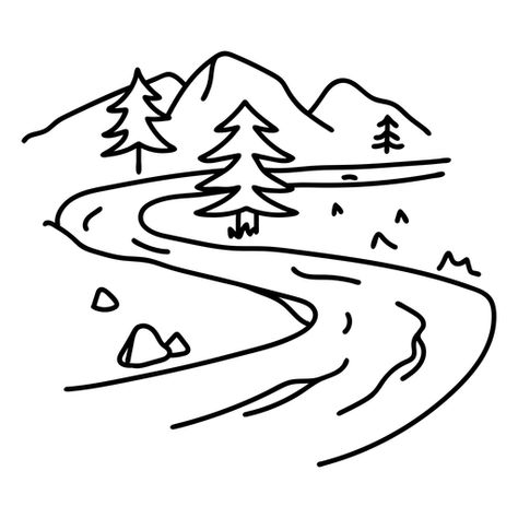 River Clip Art, Mountain With River Drawing, River Line Drawing, River Drawing Easy, Rivers Drawing, River Doodle, River Graphic, River Drawing, Mountain Png