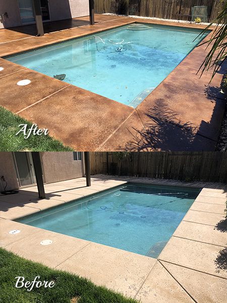 Stained concrete pool deck with gloss topical sealer and non-slip media. Stained Pool Deck Concrete, Concrete Stain Pool Deck, Stained Concrete Around Pool, Painting Pool Deck Concrete, Painted Concrete Pool Deck, Pool Refinishing Ideas, Pool Deck Paint Ideas Concrete, Painting Pool Coping, Stained Concrete Pool Deck