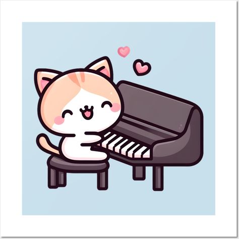 Adorable cute kawaii cat playing piano, perfect gift for pianist, piano lover, piano enthusiast, musician, or cat lovers -- Choose from our vast selection of art prints and posters to match with your desired size to make the perfect print or poster. Pick your favorite: Movies, TV Shows, Art, and so much more! Available in mini, small, medium, large, and extra-large depending on the design. For men, women, and children. Perfect for decoration. Cute Piano Drawings, Cat Playing Piano, Cute Piano, Piano Illustration, Piano Wall, Cats Playing, Music Drawings, Animal Doodles, Playing Piano