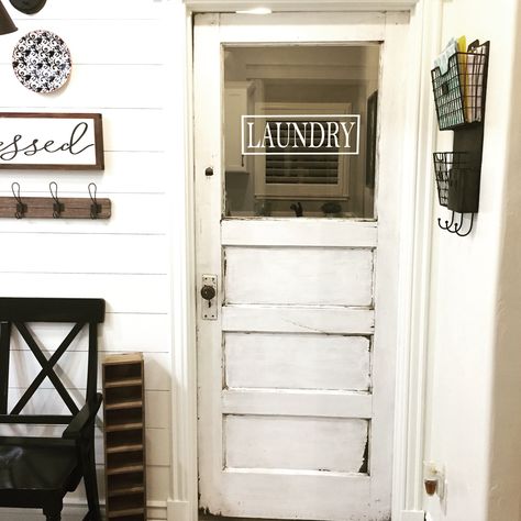 Farmhouse Laundry Door Ideas, Laundry Room Doors Farmhouse, Laundry Doors Ideas Hallways, Laundry Room Doors Rustic, Farmhouse Laundry Room Door Ideas, Swinging Laundry Room Door, Laundry Room Glass Door, Farm Door For Laundry Room, Antique Laundry Room Doors