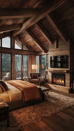 Home Decor: #homedecor, #interiordesign, #homedesign, #decor inspiration # study room # bedroom decor Alaskan House Interior, Rustic Bedroom With Fireplace, Colorado Cabin Aesthetic, Cabin Home Aesthetic, Barn House Bedroom, Cabin Aesthetic Interiors, Cabin Bedroom Aesthetic, Ranch House Bedroom, Mountain Cabin Bedroom