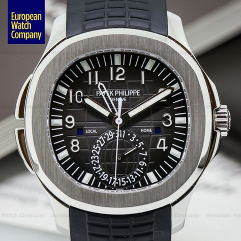 Patek Philippe 5164 Aquanaut, 5164A-001, 5164A, stainless steel on a tropical rubber strap with a double fold over buckle, automatic Patek Philippe caliber 325 S C, date, additional time zone shown with the hallow hour indicator, day / night indicator for both time zones, centered sweep second, tropical dial, luminescent hands and hour indicators, display back, water resistant, diameter: 40mm, thickness: 8mm, Like New with original box and papers dated 1 / 2014. The Hallow, Patek Philippe Aquanaut, Authentic Watches, Time Zone, Travel Time, Watch Companies, Time Zones, Day Night, Patek Philippe