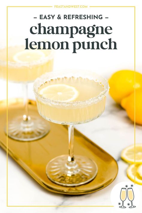 Lemon Champagne Punch is a lovely, lemon-y drink to serve at your next springtime party. Make a big batch for your guests! Lemon Drop Champagne Punch, Lemon Champagne Cocktail, Champagne Tea Party, Lemonade Champagne Punch, Champagne Punch For A Crowd, Lemonade Prosecco Punch, Limoncello Party, Lemon Mimosa, Limoncello Lemonade