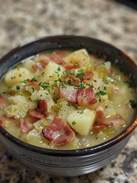 Irish Cabbage, Cabbage And Potato Soup, Bacon Cabbage, Cabbage Potato Soup, Irish Bacon, Soup With Potatoes, Kielbasa Soup, Potato Bacon Soup, Cabbage And Potatoes