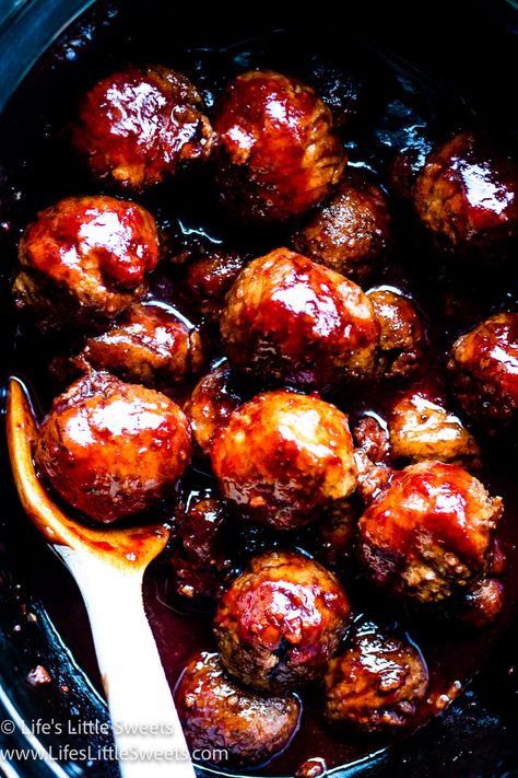 This sweet and spicy, Grape Jelly Meatballs recipe has a secret ingredient to add to the flavor of the sauce. This easy crockpot/slow cooker recipe is a large amount which is perfect for a game day, a party, or a holiday gathering. #grapejellymeatballs #appetizer #recipe #lifeslittlesweets #meatballs #crockpot #slowcooker #gameday #partyfood #entertainingfood #holidayfood Spicy Grape Jelly Meatballs, Appetizer Meatballs With Grape Jelly, Spicy Grape Jelly, Spicy Meatballs Crockpot, Jelly Meatball Recipe, Grape Jelly Meatballs Recipe, Meatballs Crockpot, Crockpot Slow Cooker, Jelly Meatballs