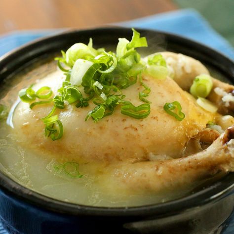 Ginseng chicken soup (Samgyetang) recipe - Maangchi.com Samgyetang Recipe, Korean Chicken Soup, Maangchi Recipes, Ginseng Chicken Soup, Best Korean Food, Chicken Rice Soup, Chicken Stuffed, Small Chicken, Korean Dishes