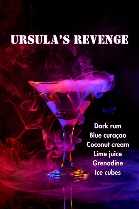 A dark and dramatic Ursula's Revenge Cocktail garnished with a tentacle-like twist, inspired by the iconic Disney villain. Poison Cocktail, Disney Inspired Cocktails, Blue Curacao, Cocktail Recipe, Disney Inspired, Disney Movies, Cocktail Recipes, The Star, Revenge