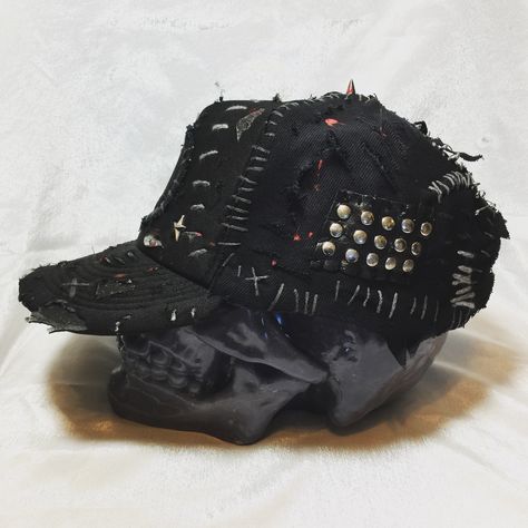 Chad Cherry Clothing distressed, studded hat. Alt Hats, Chad Outfits, Cherry Clothing, Punk Hats, Punk Hat, Punk Fashion Diy, Punk Style Outfits, Crust Punk, Punk Clothing