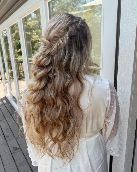 ✧Emily oregon bridal stylist✧ on Instagram: "Kiana wanted full braids and voluminous curls for her wedding style✨ her style turned out so beautiful with her long hair🤩 • • • #hairstylistlife #travelinghairstylist #bohobride #bohobraids #bohobrides #bohowedding #bohoweddings #fishtailbraid #halfuphalfdownhairstyle #bridalhairtrends #bridalhairstyle #bridalhairstyles #bridalhairstyling #bridalinspiration #oregonstylist #beyondtheponytail #weddingideas #hairinspiration #bohobraids ##bohobride #b Fish Tail Braid Half Up, Boho Half Up Half Down Hairstyles, Full Braids, Bridal Half Up Half Down, Braid Half Up, Braid Half Up Half Down, Bridal Stylist, Braided Half Up, Voluminous Curls