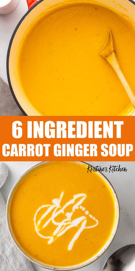 This creamy Carrot Ginger Soup is so easy to make with just 6 ingredients! The perfect comforting soup recipe, this simple vegetarian soup can easily be made vegan. #carrotsoup #carrotgingersoup #souprecipes Carrot Ginger Soup Recipe, Creamy Soup Recipes, Creamy Carrot Soup, Carrot Ginger Soup, Ginger Soup, Comforting Soup, Carrot And Ginger, Carrot Soup, Ginger Recipes