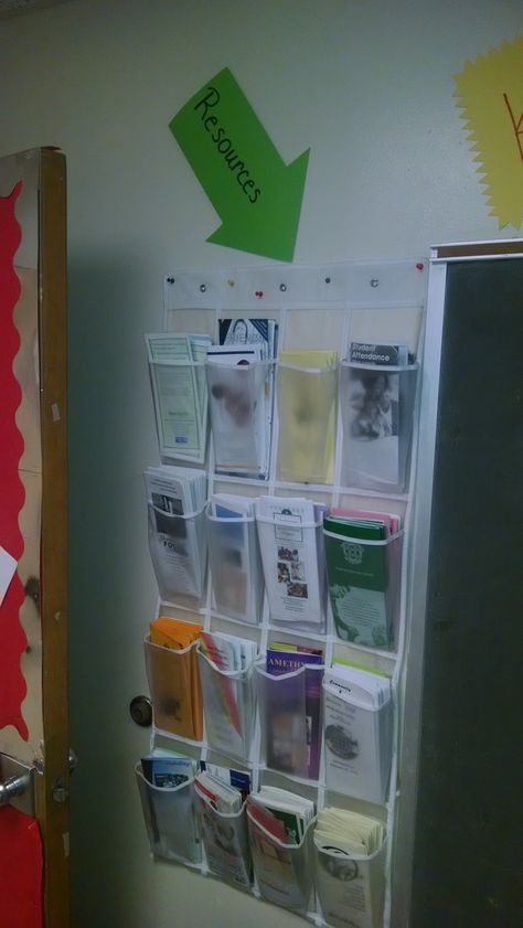 School Social Work Office-great way to store and share brochures- by Melanie Lee of Grimsley High School North Carolina College Counselor Office Decorating Ideas, School Social Work Office Decorations High School, Elementary School Social Work Office, High School Social Work Office, School Social Work Office Ideas, Care Closet For School, Social Work Office Ideas, School Nurse Office Organization, School Social Work Office Decorations