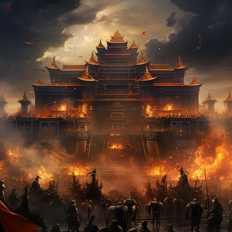 **An exquisitely detailed and masterfully crafted depiction of a majestic scene from the Wo Long Final Dynasty, featuring powerful warriors from different clans engaged in an epic and intense battle amidst a sprawling and intricately designed ancient cityscape. Medium: Digital painting with an emphasis on meticulous details and grand composition. Style: Merge the historical grandeur of ancient Chinese art with the masterful storytelling of concept artist Jung Park, creating a scene that captures Chinese Illustration, Chinese Warrior, Ancient Chinese Art, Concept Artist, Scene Design, Chinese Architecture, Matte Painting, Fantasy Art Landscapes, Ancient Chinese