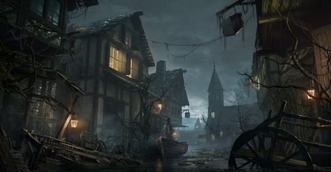 ArtStation - Submerged, Wanxing Wang Night Fantasy Art, Vila Medieval, Fantasy Village, Fantasy Town, Dark Artwork, Fantasy City, Bloodborne, Medieval Town, Warhammer Fantasy