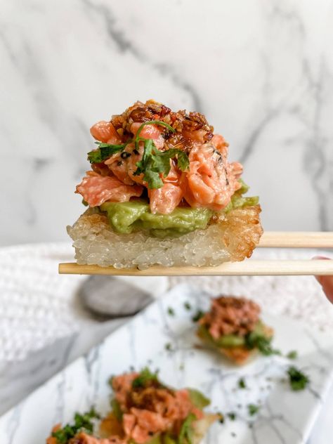 Chili Oil Crunch, Vegan Crispy Rice, Spicy Salmon Crispy Rice, Crispy Sushi Rice, Salmon Crispy Rice, Spicy Cucumbers, Spicy Salmon Recipes, Salmon Crispy, Rice Crispies Recipe