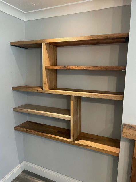 Dark Oak Shelving, Wall Alcove Ideas, Alcove Bookshelves, Shelves With Brackets, Coastal Granny, Alcove Shelves, Alcove Storage, Alcove Shelving, Timber Shelves