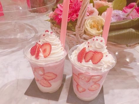 - @vhsmiel Kawaii Dessert, Cute Snacks, Pink Foods, Strawberry Milkshake, Pretty Drinks, Japanese Snacks, Pink Drinks, Strawberry Milk, Kawaii Food