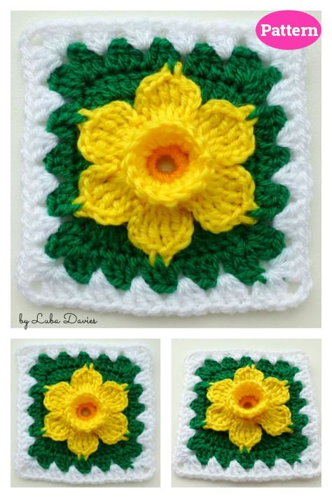 Daffodil in Granny Square Crochet Pattern Daffodil Granny Square, Flower Square Crochet Pattern, Flower Granny Square Pattern, Crocheted Motifs, Crochet Flower Granny Square Pattern, Granny Square Patterns, Crochet Flower Squares, Flower Granny Square, Crocheting Patterns